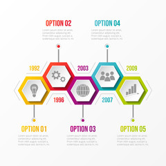 Concept of company timeline with business icons. Vector.