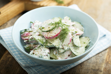 Radish and cucumber salad with sour cream or yogurt dressing
