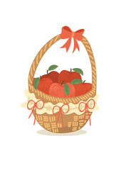 Cute hand drawn basket of red apples on white background. Original vector illustration.