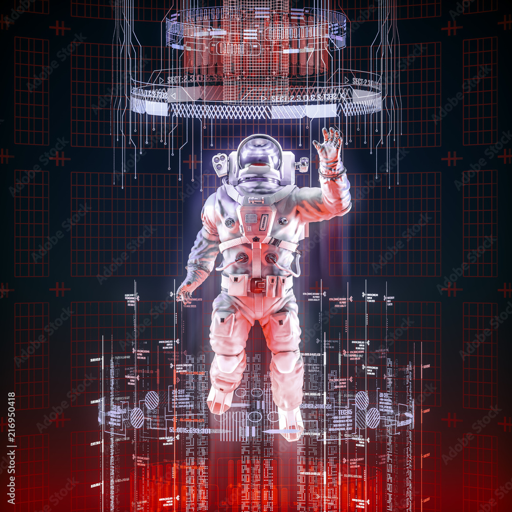 Wall mural virtual data explorer astronaut / 3d illustration of astronaut in space suit floating up through glo