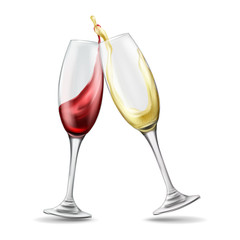 Two wine glasses with splash of red and white wine, celebratory toast, realistic vector illustration isolated on background. Transparent glassware, element design for menu, shop windows