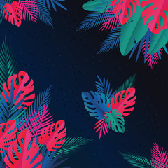 Naklejka na ściany i meble Tropical jungle leaves background. Colorful tropical poster design. Exotic leaves, plants and branches art print. Wallpaper, fabric, textile, wrapping paper vector illustration design