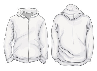 Vector illustration. Blank hoodie jacket front and back views. Isolated on white