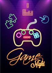 Neon Text Game night with retro game icon on shiny purple wall.