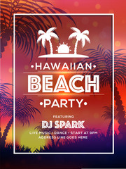Template or flyer design for Hawaiian Beach Party with time and venue details. - obrazy, fototapety, plakaty