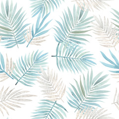 Seamless watercolor pattern with tropical leaves.