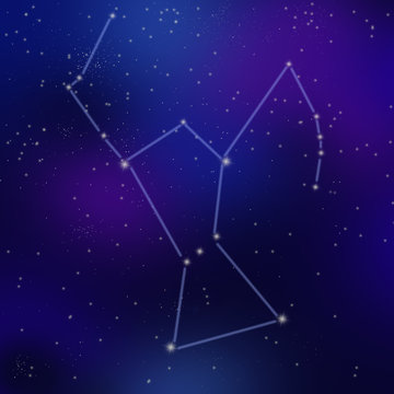 線で描かれたオリオン座と満天の星空
