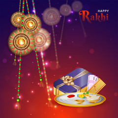 Beautiful greeting card design with illustration realistic rakhi (Wristband), gift box and worship plate for Raksha Bandhan celebration concept.