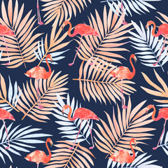 Fototapeta na wymiar Seamless watercolor pattern with a bird flamingo and tropical leaves. Beautiful pink bird. Tropical flamingo.