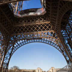 the foundation of the eiffel tower against the blue sky, the concept of summer and travel