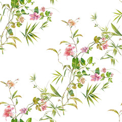 Fototapeta premium Watercolor painting of leaf and flowers, seamless pattern on white background