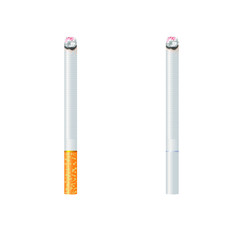 Realistic burning two various of cigarettes. 3d design style vector illustration isolated on white background.