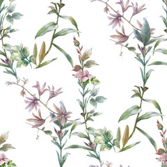 Watercolor painting of leaf and flowers, seamless pattern on white background