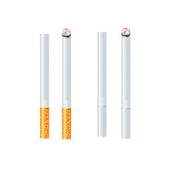 Realistic design of two various of cigarettes. Burning and no burning 3d design style vector illustration isolated on white background.