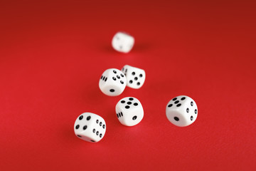 White dice on red background. Board game concept.