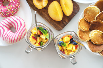 set with different sweet products on white background. carbohydrate Breakfast