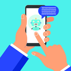 Hand holding black mobile phone isolated on blue background. Smartphone in human's hand with chat bot talk on the screen, popped above chat bubble and pointer finger flat design vector illustration. 