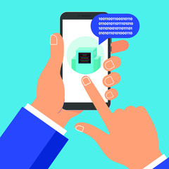 Hand holding black mobile phone isolated on blue background. Smartphone in human's hand with chat bot talk on the screen, popped above chat bubble and pointer finger flat design vector illustration. 