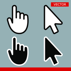 White and black arrow cursors and hand cursors icons signs with rounded angles flat style design vector illustration isolated on gray background