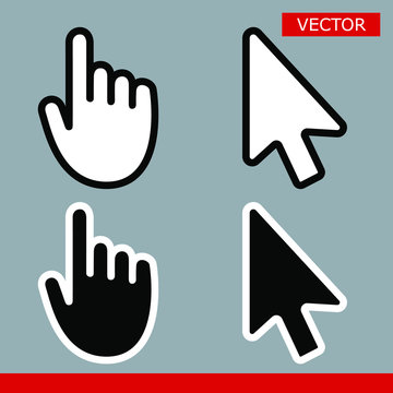 White And Black Arrow Cursors And Hand Cursors Icons Signs With Rounded Angles Flat Style Design Vector Illustration Isolated On Gray Background