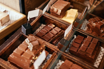 Chocolate Bars In Confectionery Shop Closeup.