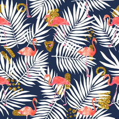 Fototapeta na wymiar Seamless watercolor pattern with a bird flamingo, tropical leaves and golden abstract figures. Beautiful pink bird. Tropical flamingo.