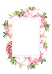 Fototapeta na wymiar Watercolor hand-painted flower peony wedding invitation card template illustration on white background