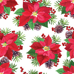 Seamless pattern of Poinsettia flowers in red and green color with pine and berries on white background. Vector set of Christmas elements for holiday invitations, greeting card and advertising design.