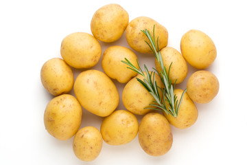 New potato and rosemarin isolated on white background close up.