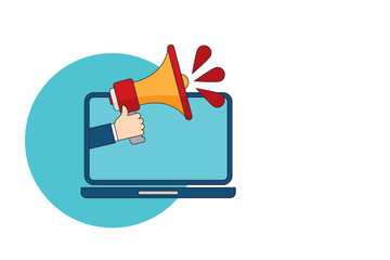 Hand holding megaphone. Laptop notebook computer screen background. Vector illustration