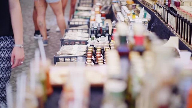 People visit the Campo Di Fiori market inside in Rome. Market full of traditional dish Italy. Italian culture and tourism.