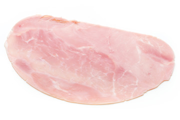 Sliced boiled ham sausage isolated on white background, top view.