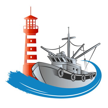 Fishing trawler and lighthouse