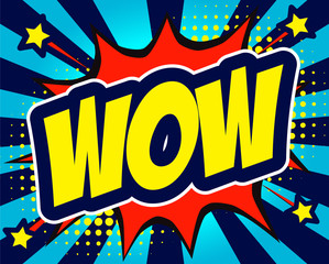 Wow comic text in speech bubble. Colored pop art style sound effect. Vector illustration banner