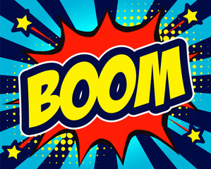 Fototapeta premium Boom comic text in speech bubble. Colored pop art style sound effect. Vector illustration banner