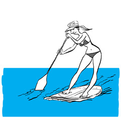 Fototapeta premium Woman doing Stand Up Paddling on Paddle Board on Water at Seaside.