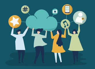 People holding cloud and social networking icons illustration