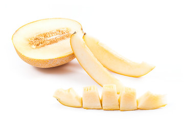 Sliced honeydew melon tropical fruit isolated on a white background.