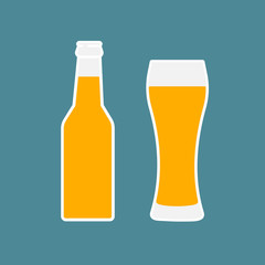 Glass of beer and bottle flat icon. Symbol Template Logo. Vector isolated illustration.