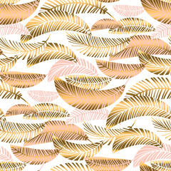 Rose gold tropical seamless pattern with palm foliage