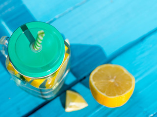 Lemonade on a wooden blue table