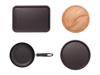 Pizza board and tray isolated on white. Top view mock up