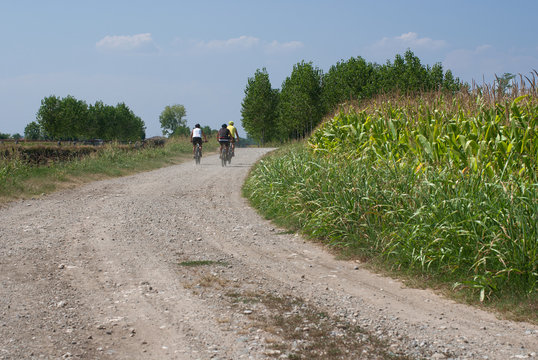  ciclisti pedalano in campagna