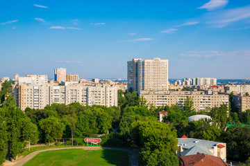 Urban landscape from a height of 12 floors. Modern architecture, multi-storey residential buildings. City Of Saratov, Russia.