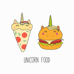 Hand drawn vector illustration of a kawaii funny pizza, burger with unicorn horn, ears, with text. Isolated objects on white background. Line drawing. Design concept for cafe menu, children print.