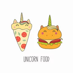 Sierkussen Hand drawn vector illustration of a kawaii funny pizza, burger with unicorn horn, ears, with text. Isolated objects on white background. Line drawing. Design concept for cafe menu, children print. © Maria Skrigan