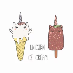 Keuken spatwand met foto Hand drawn vector illustration of a kawaii funny ice cream with unicorn horn, ears, with text. Isolated objects on white background. Line drawing. Design concept for cafe menu, children print. © Maria Skrigan