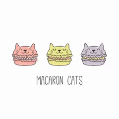 Outdoor kussens Hand getekende vectorillustratie van een kawaii grappige macarons met kattenoren, met tekst. Geïsoleerde objecten op een witte achtergrond. Lijntekening. Ontwerpconcept voor cafémenu, kinderen afdrukken. © Maria Skrigan