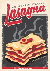Lasagna retro promo poster design template. Authentic Italian food menu with hot and tasty lasagna  graphic - obrazy, fototapety, plakaty