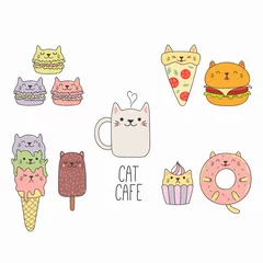 Keuken spatwand met foto Hand getekende vectorillustratie van een grappig kawaii-voedsel met kattenoren, met tekst. Geïsoleerde objecten op een witte achtergrond. Lijntekening. Ontwerpconcept voor cafémenu, kinderen afdrukken. © Maria Skrigan